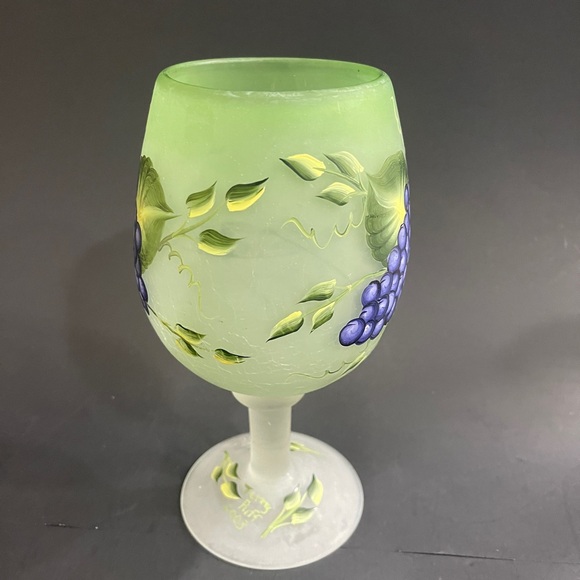 Vintage Frosted Satin Hand-Painted Goblets/Wine Glasses - Grape and Vine Design - Picture 2 of 4